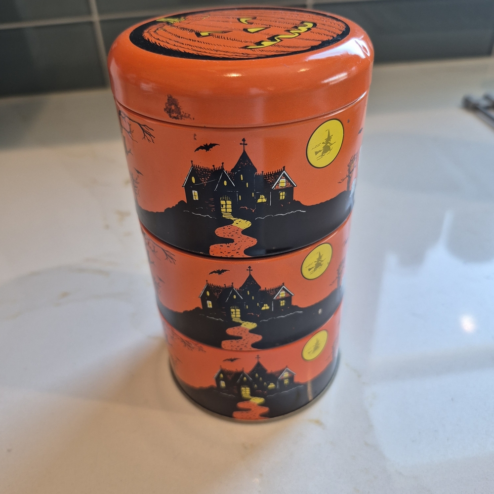 Vintage Halloween Holiday Orange and Black Tin Pumpkin Witch Skeleton
